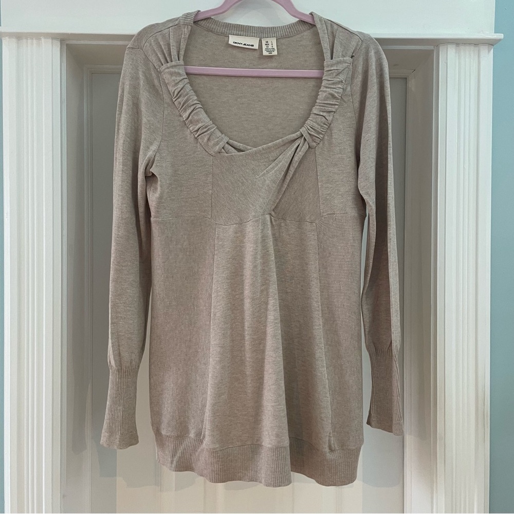 DKNY Jeans Beige Long Sleeve Top with Ruffle Detail Classy and Comfortable